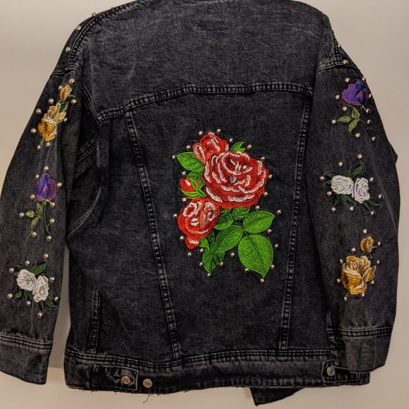 Floral Embroidered Studded Jean Jacket - Picture 5 of 6
